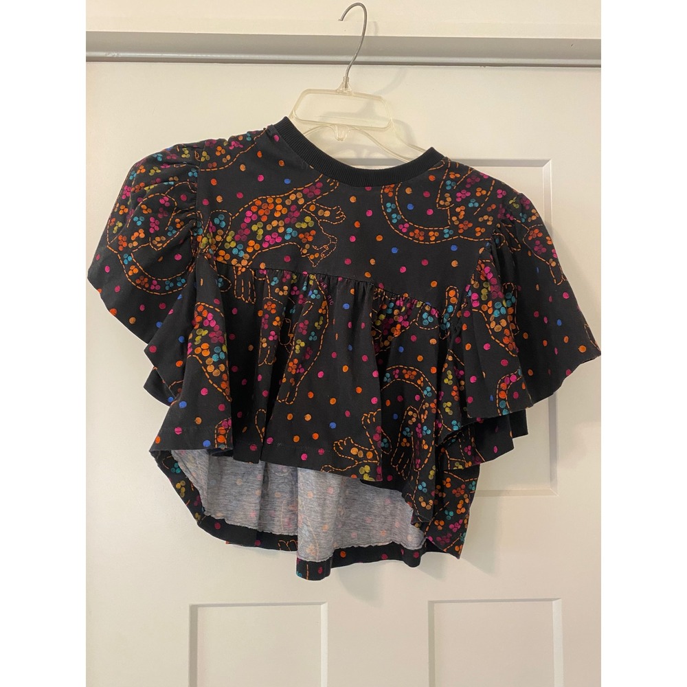 Farm Rio Black Rainbow Cheetah Polka Dot Ruffle Sleeve Crop Top Womens